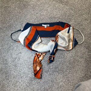 Fashion Nova Blue and Orange Tie Front Asymmetrical Top